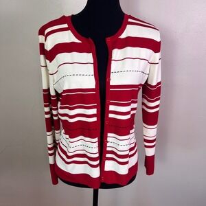 Emma James Womens Red White Striped Button Front Cardigan Sweater Size Large
